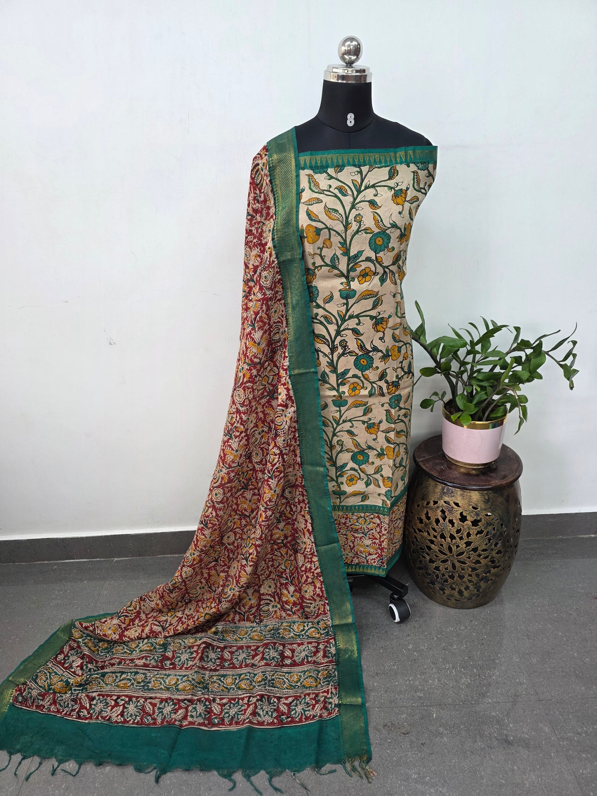 Mangalagiri kalamkari fusion gap border silk set-AK561