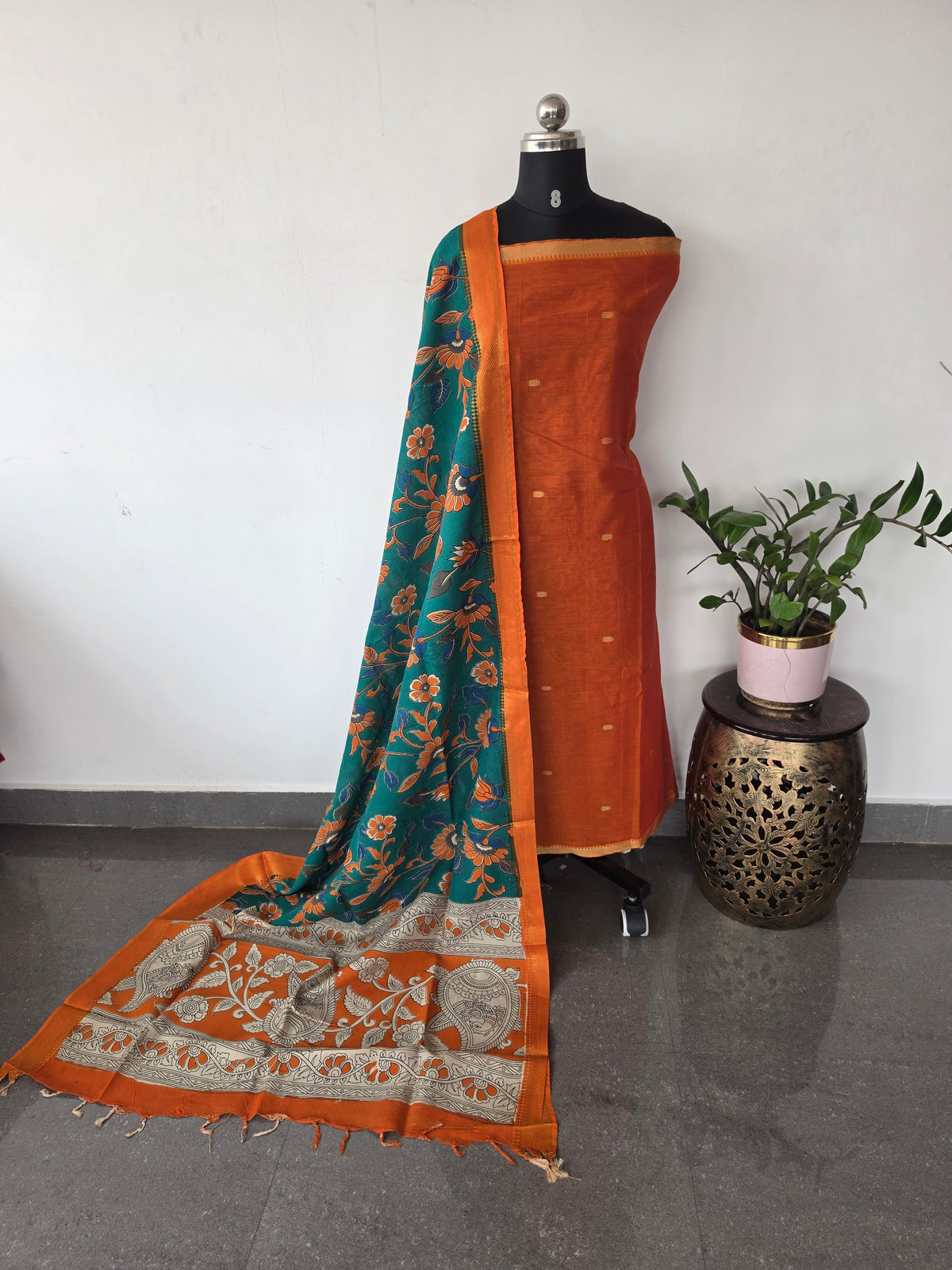 Fusion Narayanapet with handcrafted chennuri silk kalamkari duppatta -NA892