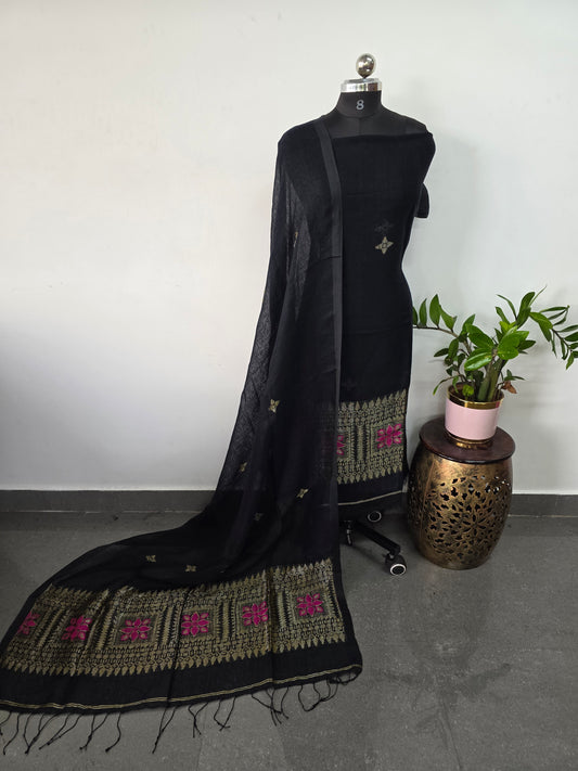 Premium handloom linen jamdhani set (black)- JMM213