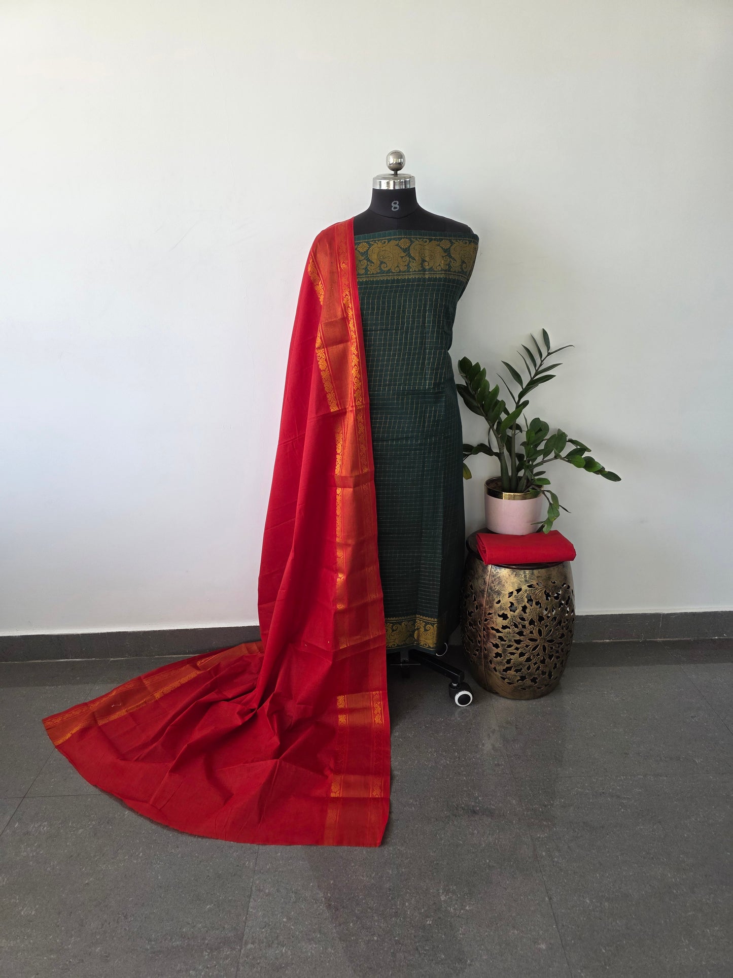 Madurai sungudi zari kattam salwar set - dark green