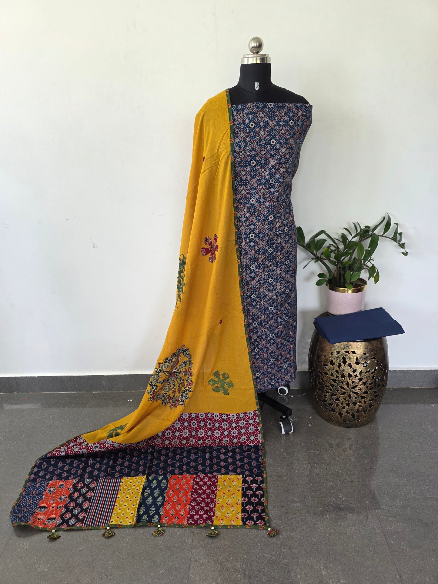 Handcrafted ajrakh cotton set with kantha applique mirror  cotton shawl - BAA96