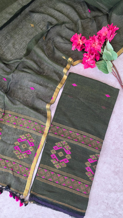 Premium handloom linen jamdhani set(deal green) - JMM106