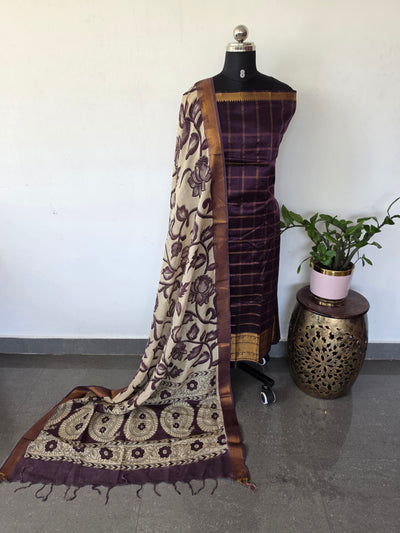 Handloom checked mangalagiri pattu top with chennuri kalamkari duppatta -AK603