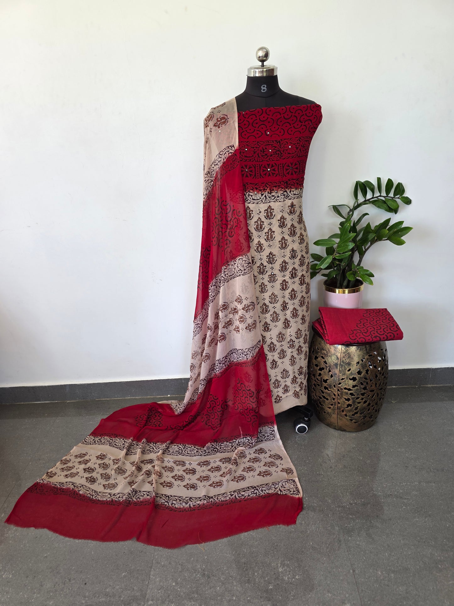 Handblock georgette salwar set with handwork mirror work- GE159