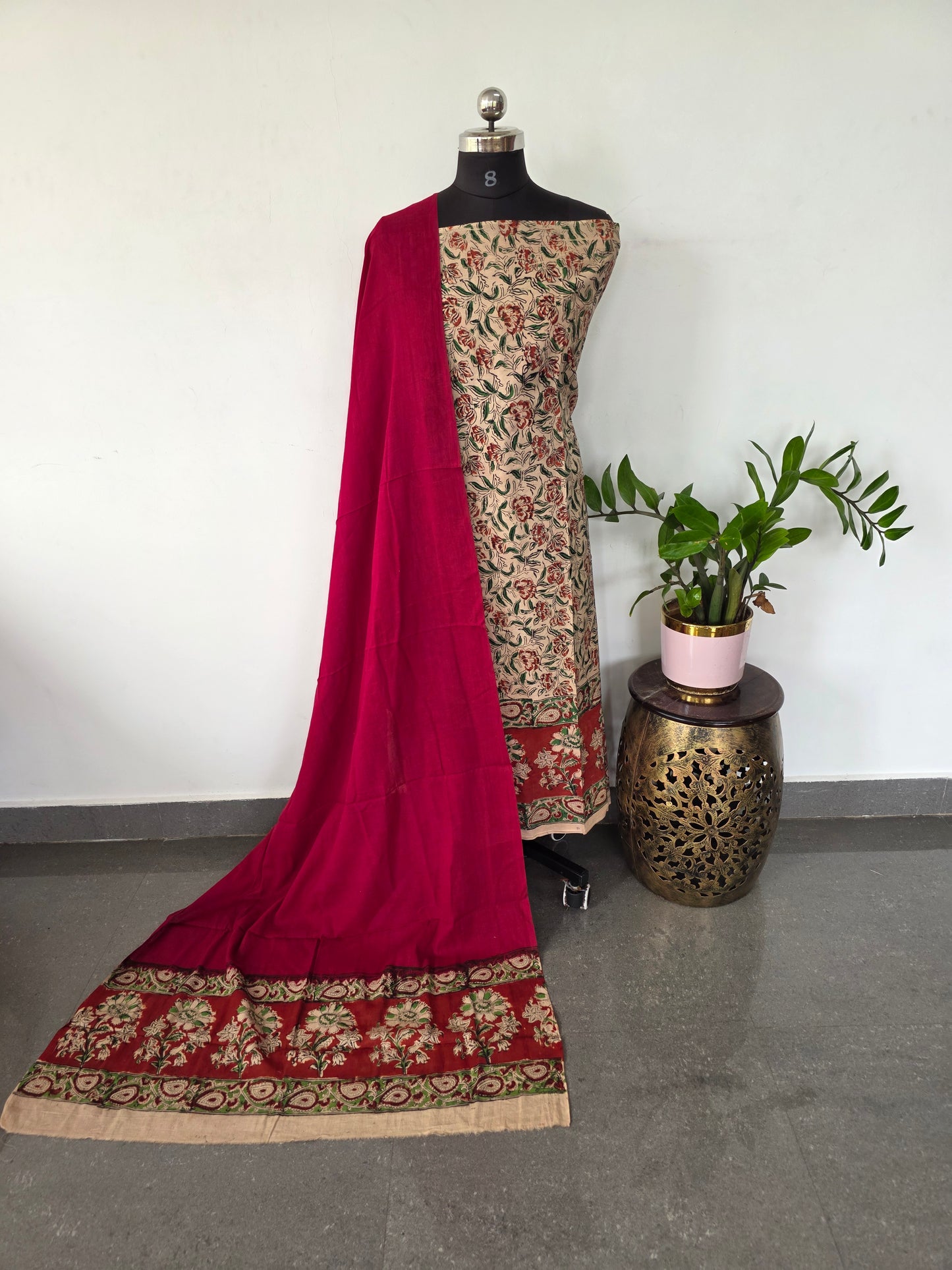 Handblock pure kalamkari cotton with border ( 2 pc set )- AK186