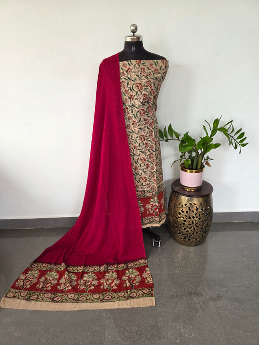 Handblock pure kalamkari cotton with border ( 2 pc set )- AK186