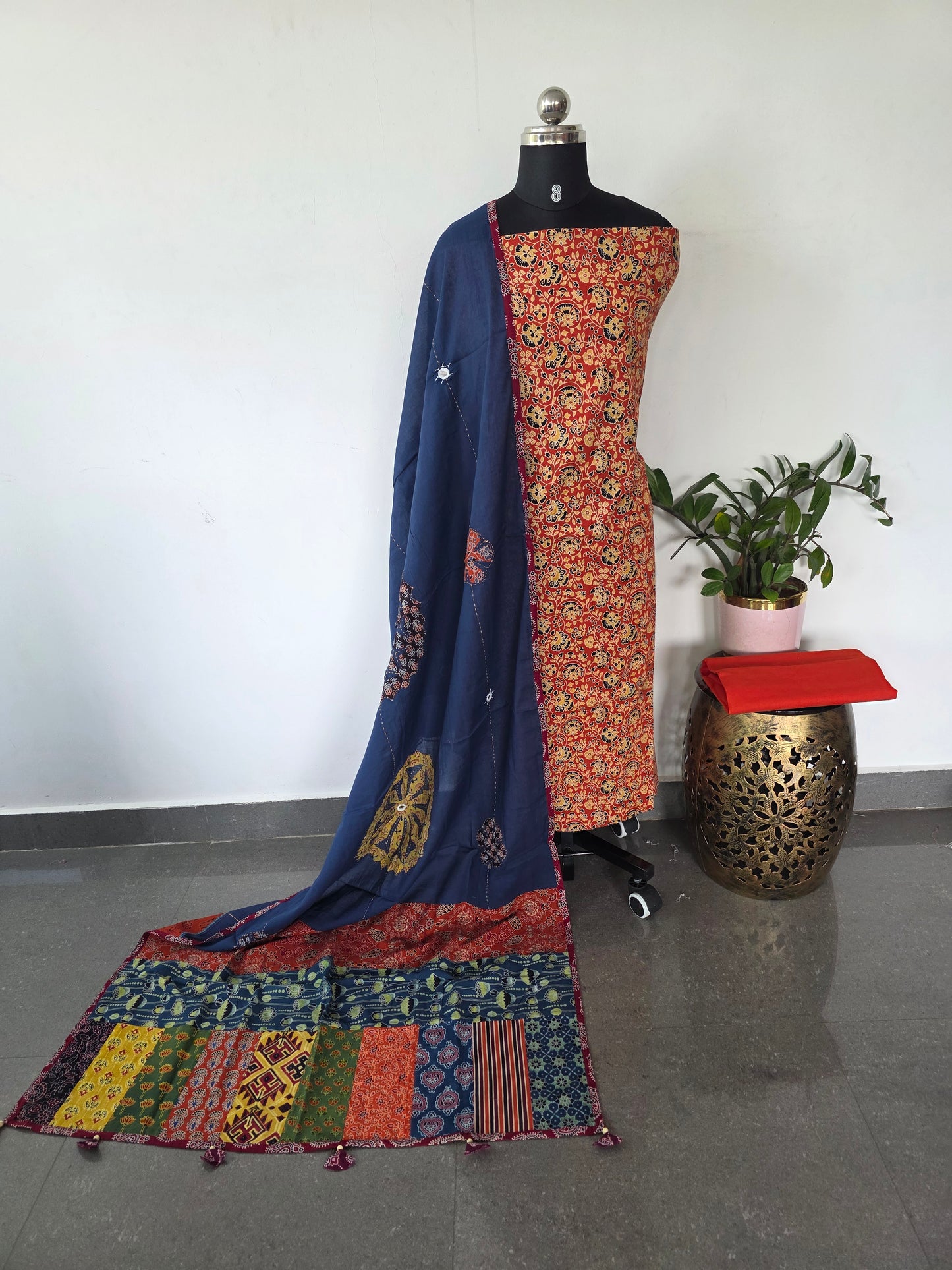 Handcrafted ajrakh cotton set with kantha applique mirror  cotton shawl - BAA101