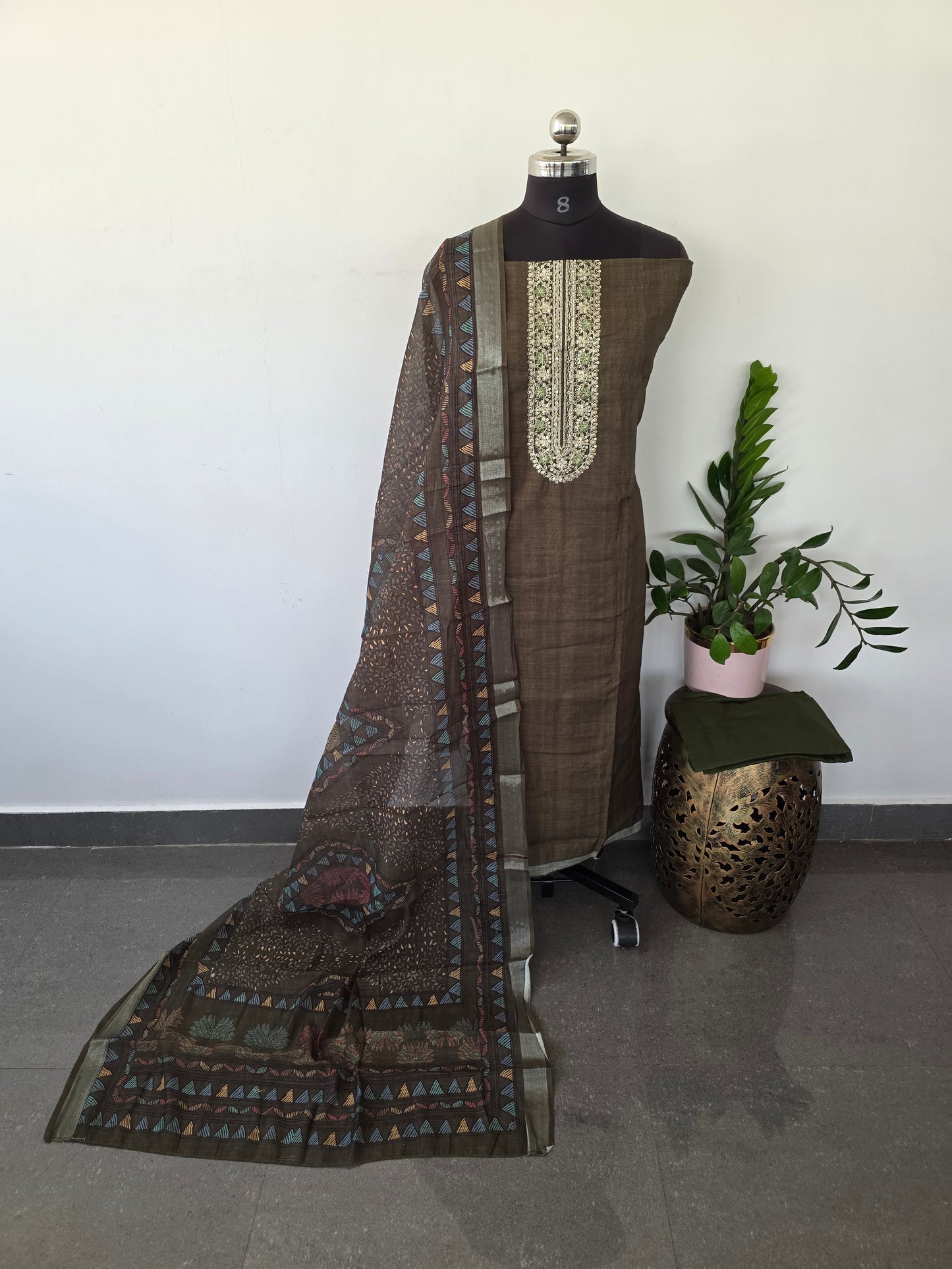 Premium linen cotton with embroidery neck set  - LC25