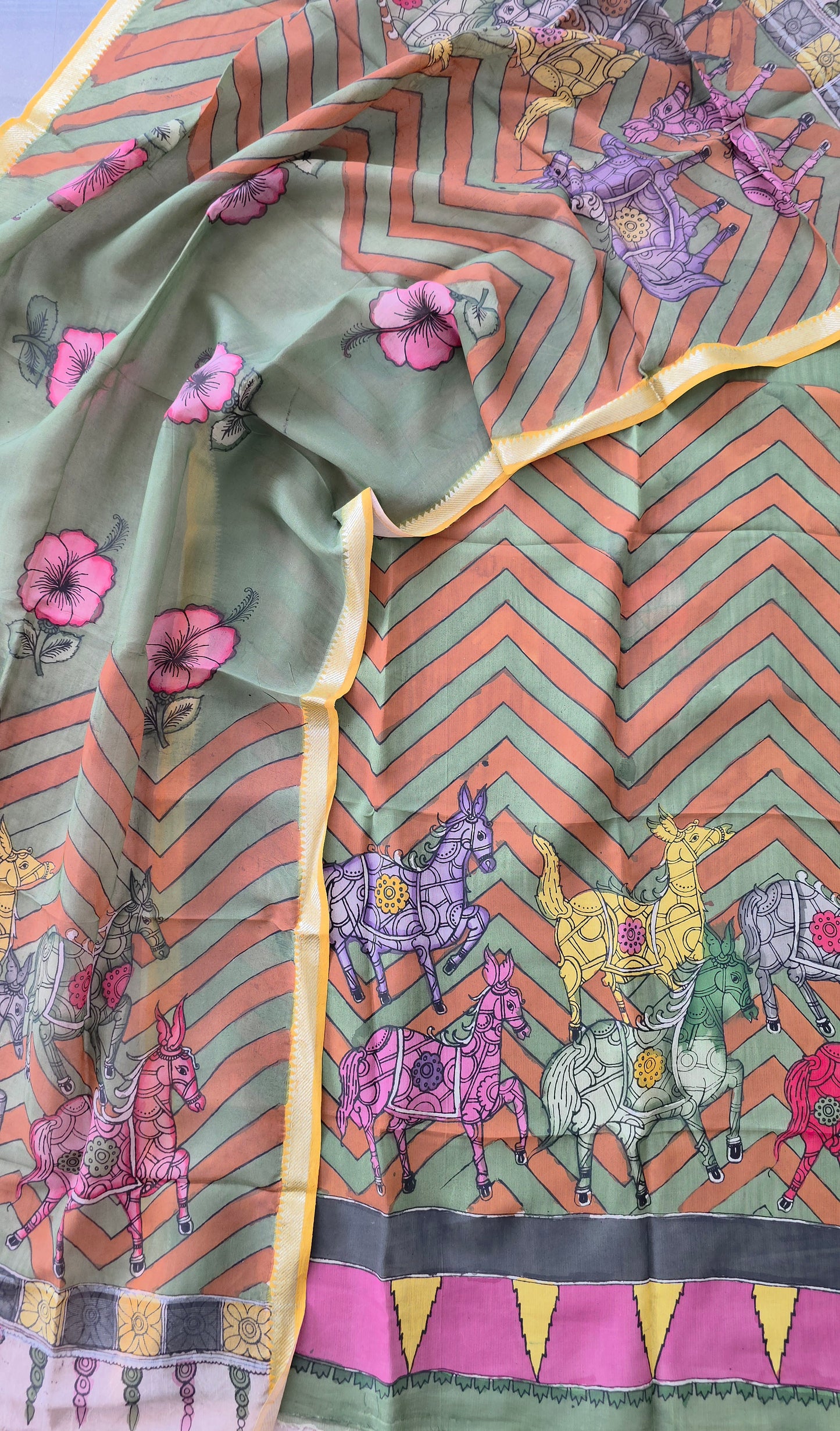 Handcrafted Kalahasthi Penkalamkari bangalore silk set - KH31