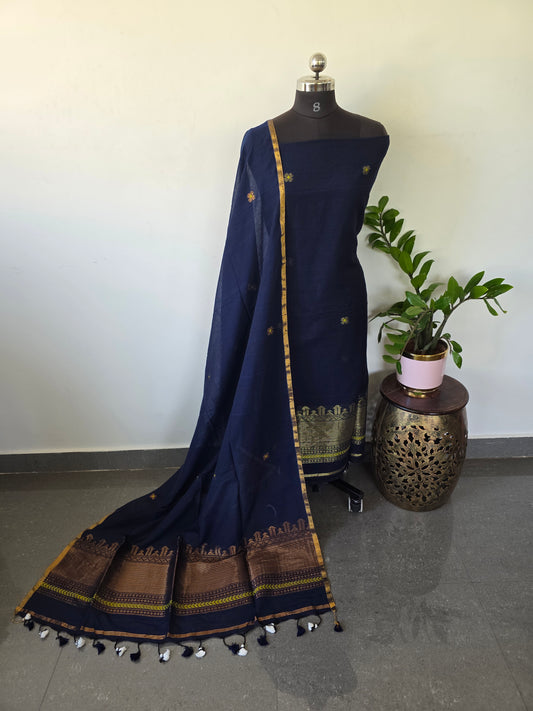 Handloom mul khadi cotton jamdhani set (blue)- MUL152