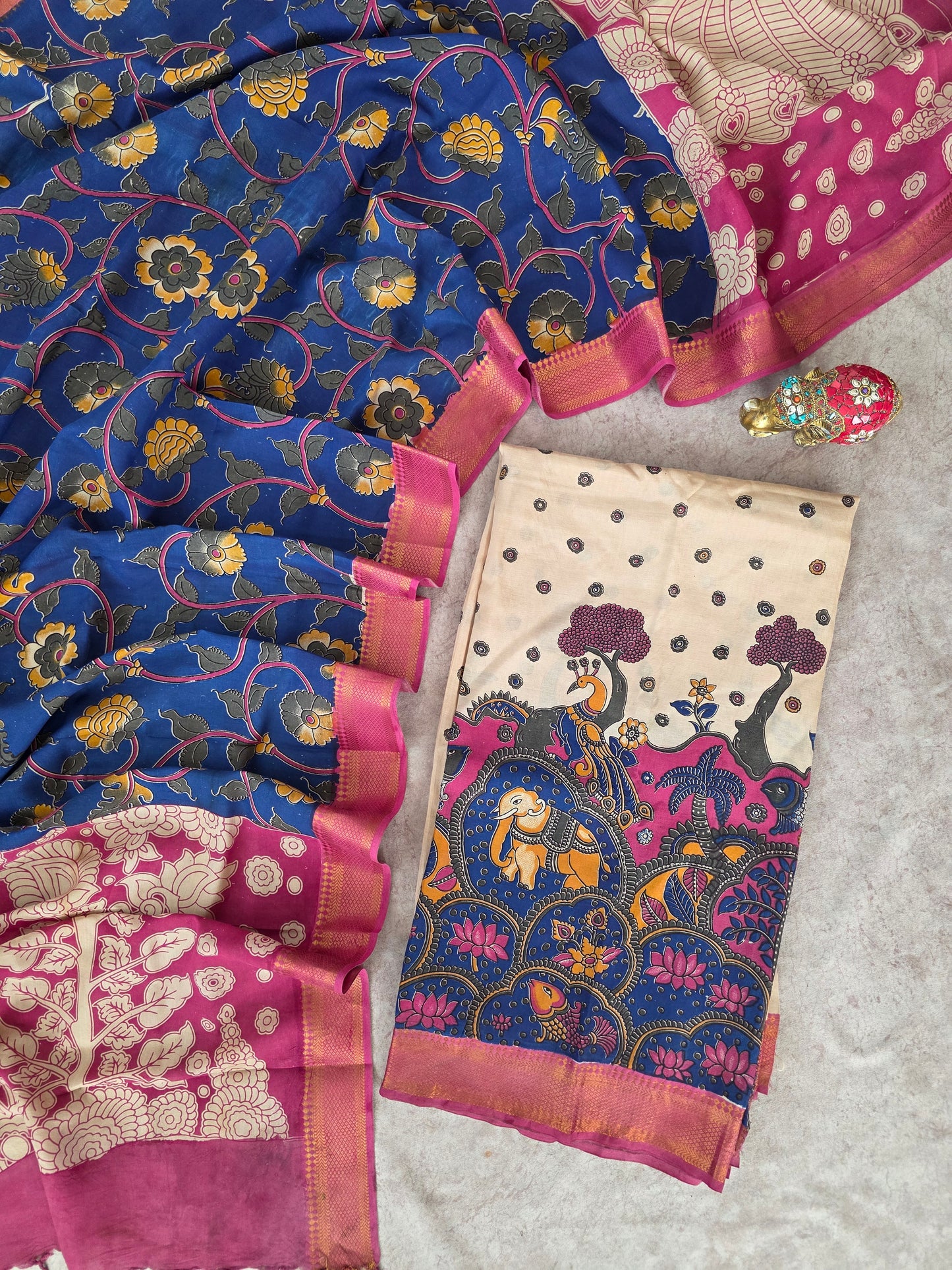 Kalamkari katha- Chennuri pure kalamkari silk set - AK382