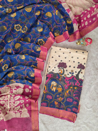 Kalamkari katha- Chennuri pure kalamkari silk set - AK382