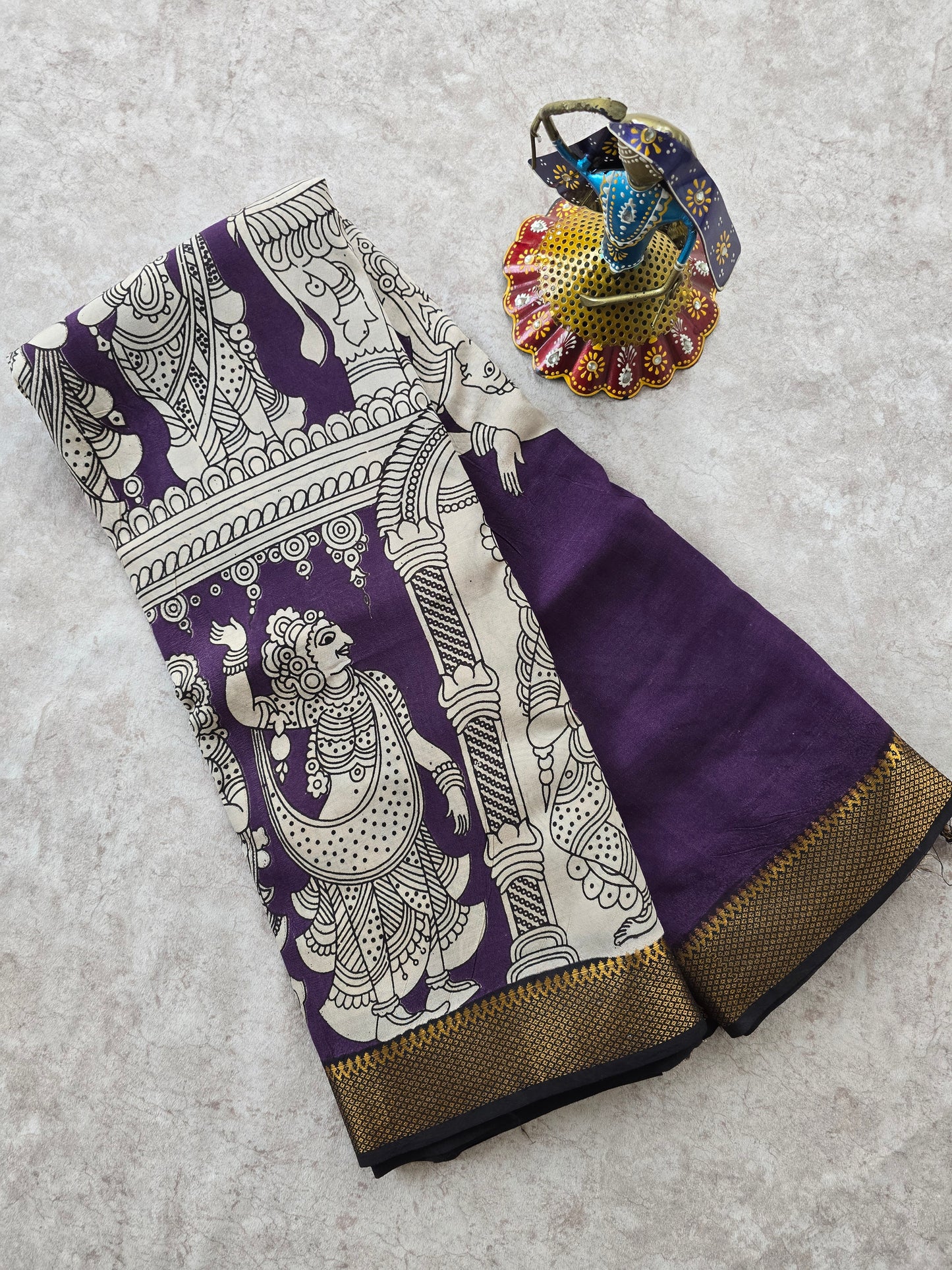 pure chennuri kalamkari silk saree with nizam border - violet