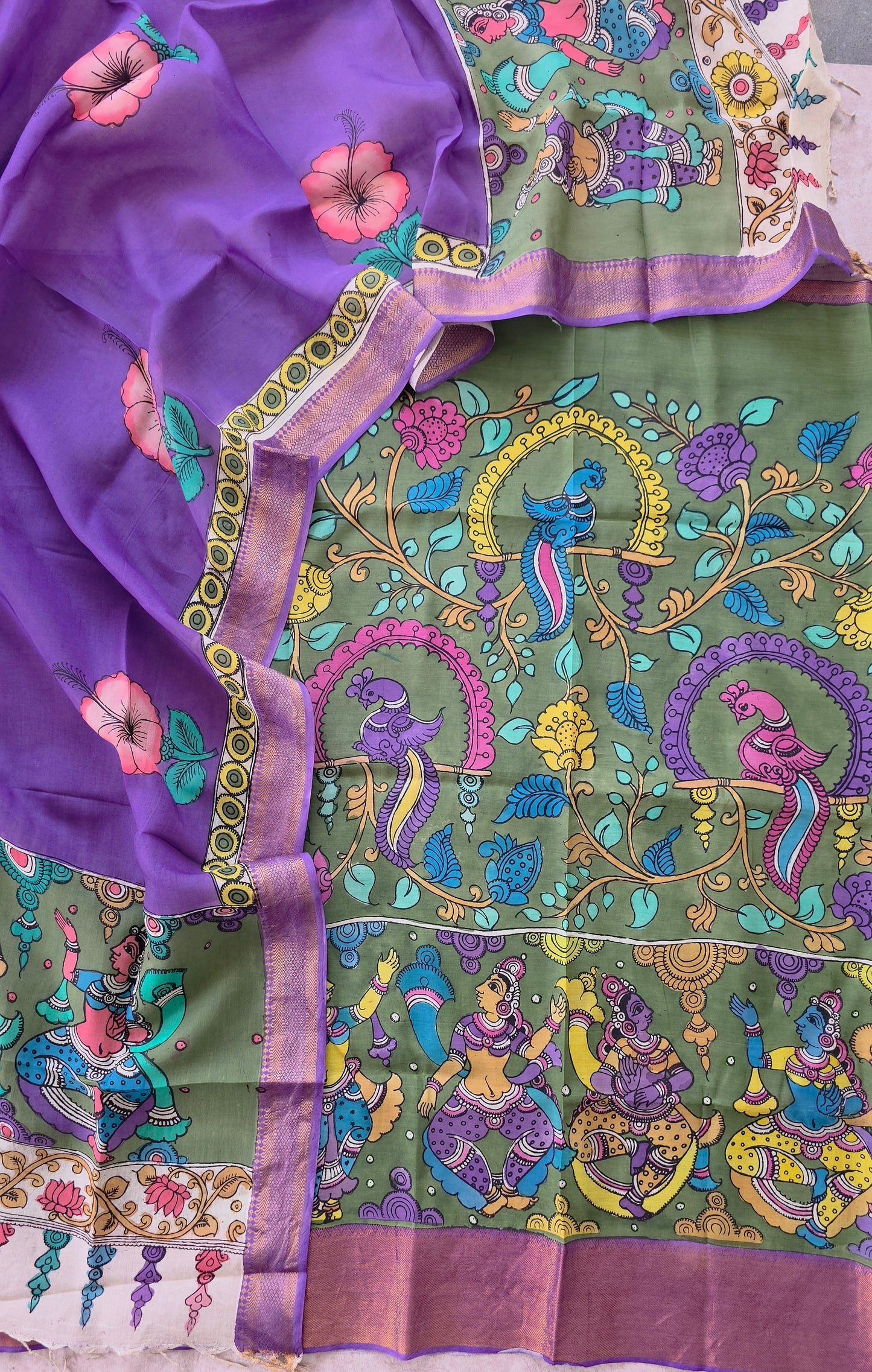 Handcrafted Kalahasthi Penkalamkari bangalore silk set - KH24