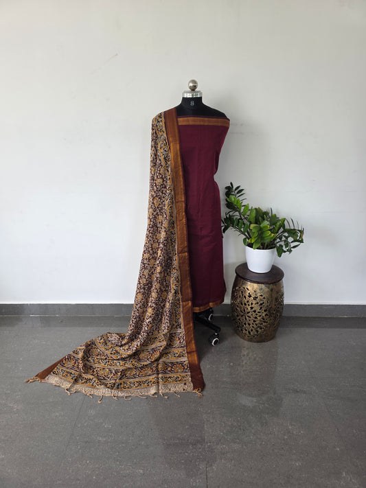Premium mangalagiri cotton top with pure handblock kalamkari silk shawl - MK7