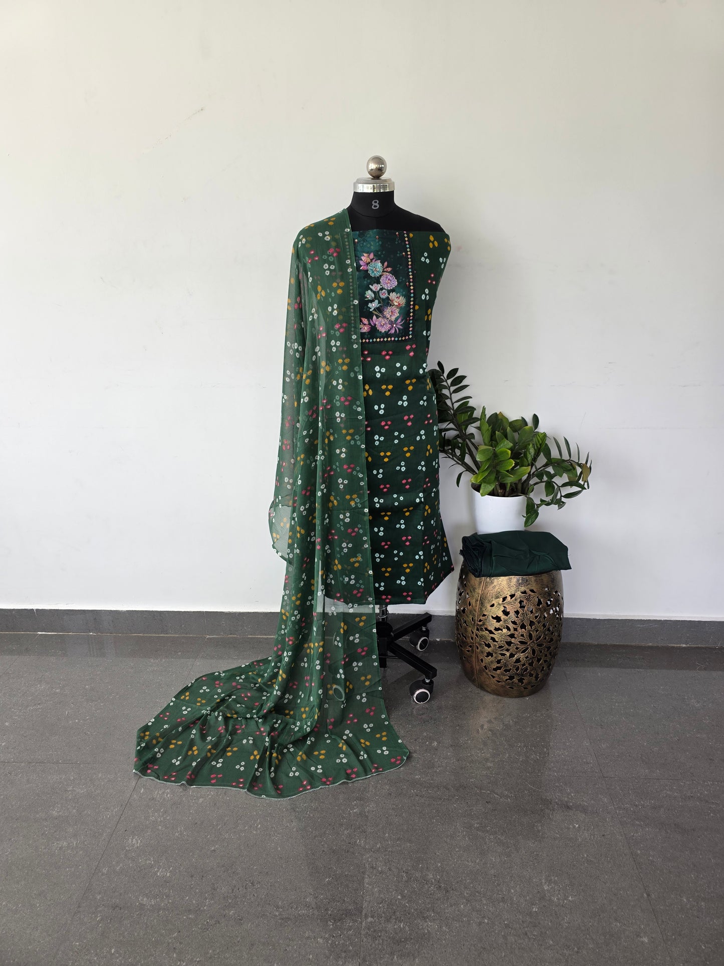 Satin bandhini cotton set with chiffon shawl-DS147