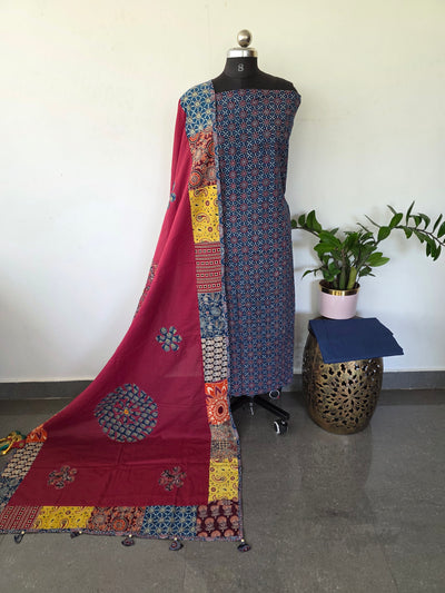 Handcrafted ajrakh cotton top with applique cotton shawl - BAA41