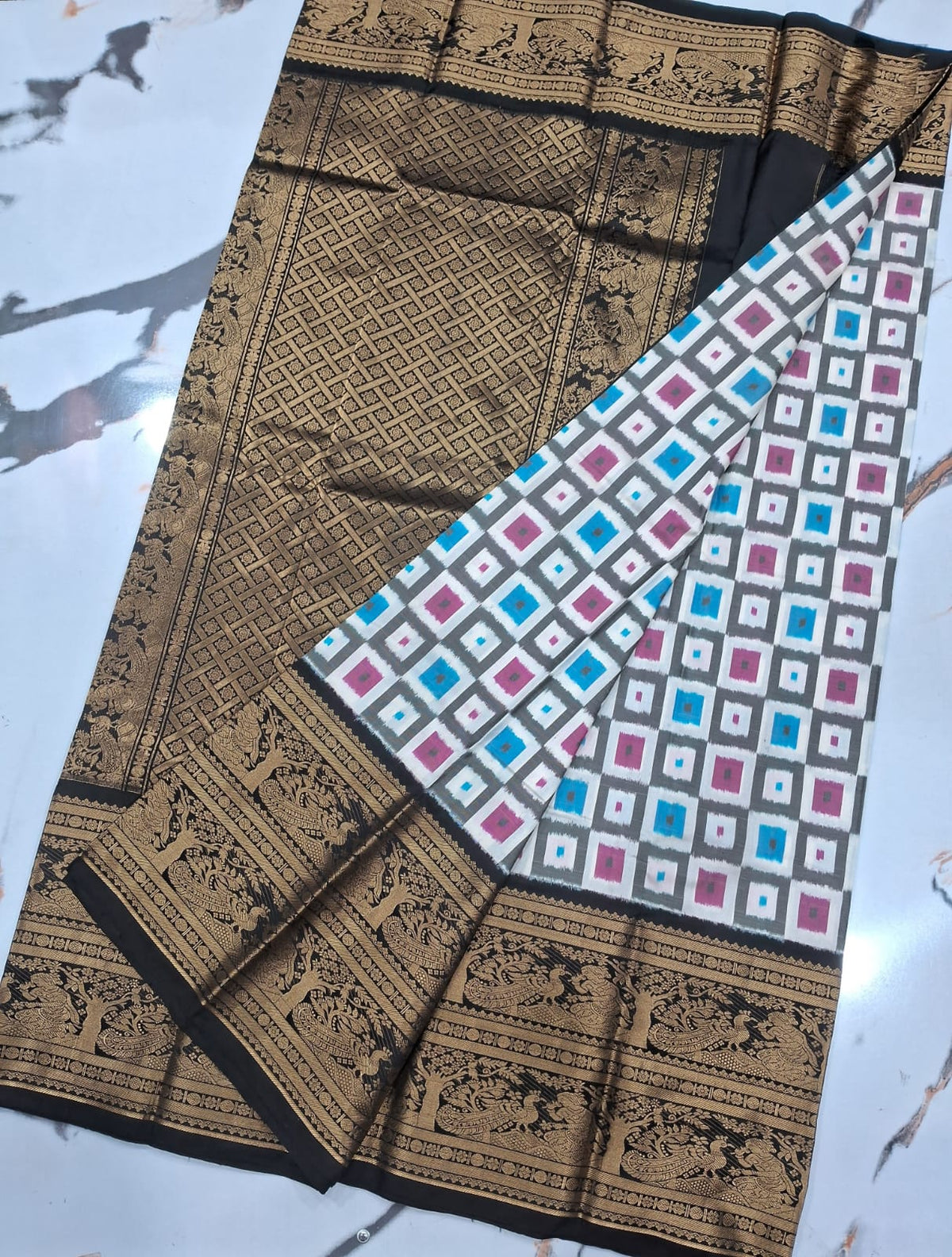 Mulbery ikkat kanchi border pattu saree-WW883