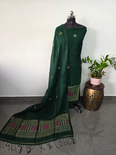 Premium handloom linen jamdhani set(green) - JMM214