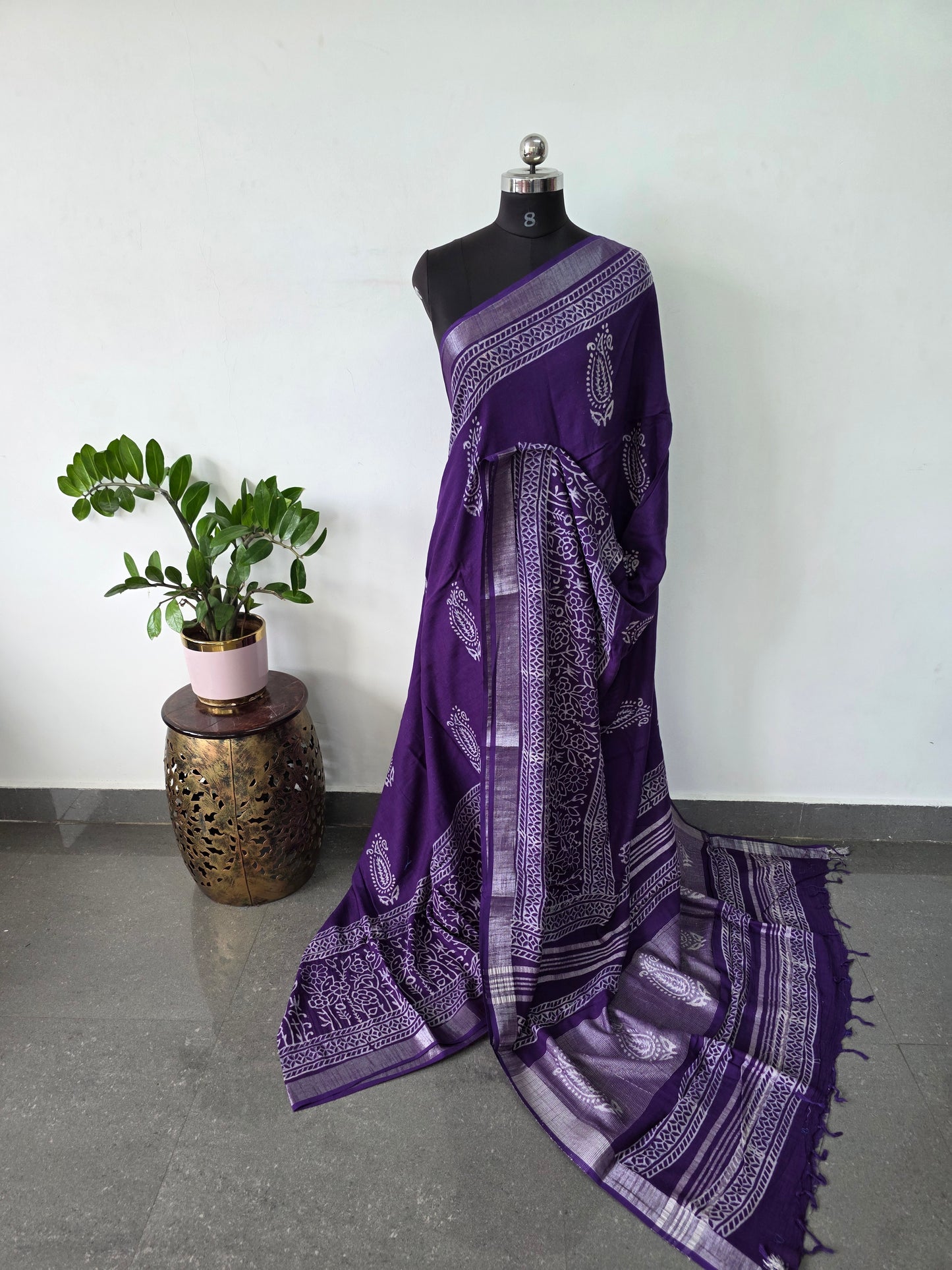 Handblock Jaipuri linen cotton saree - JA822