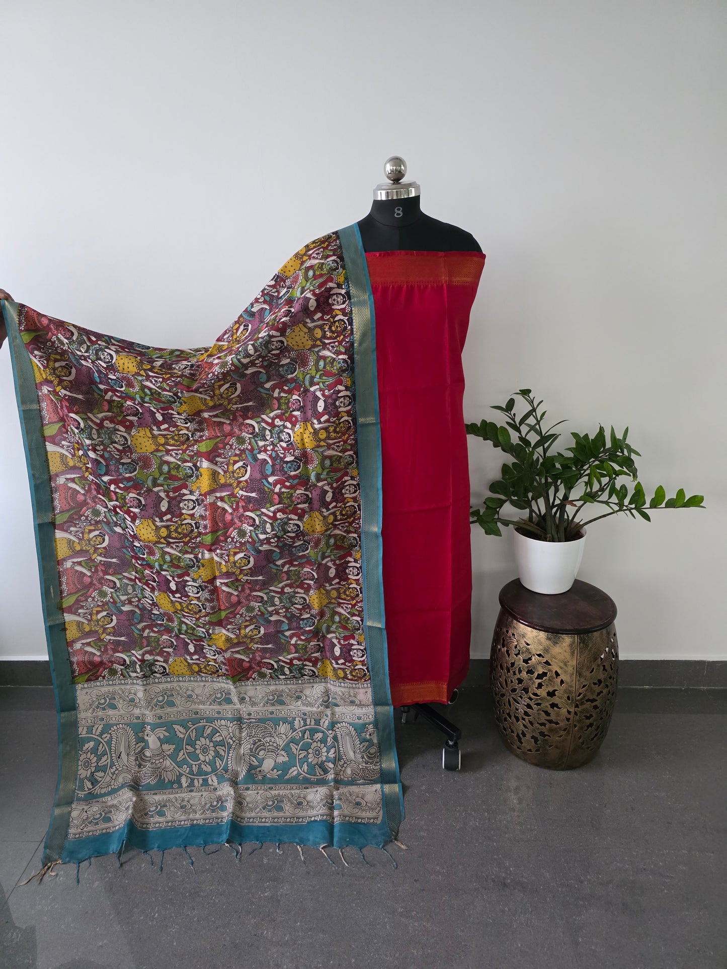 Pure chennuri silk top with pure kalamkari silk shawl with nizam border - ZE1