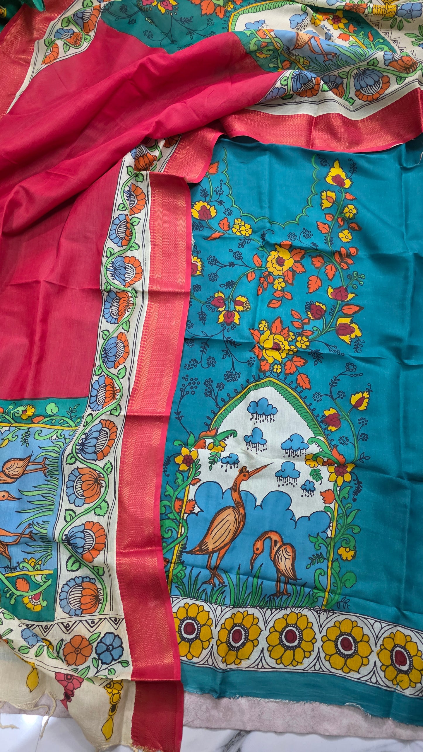 Handcrafted Penkalamkari bangalore silk set-RV14