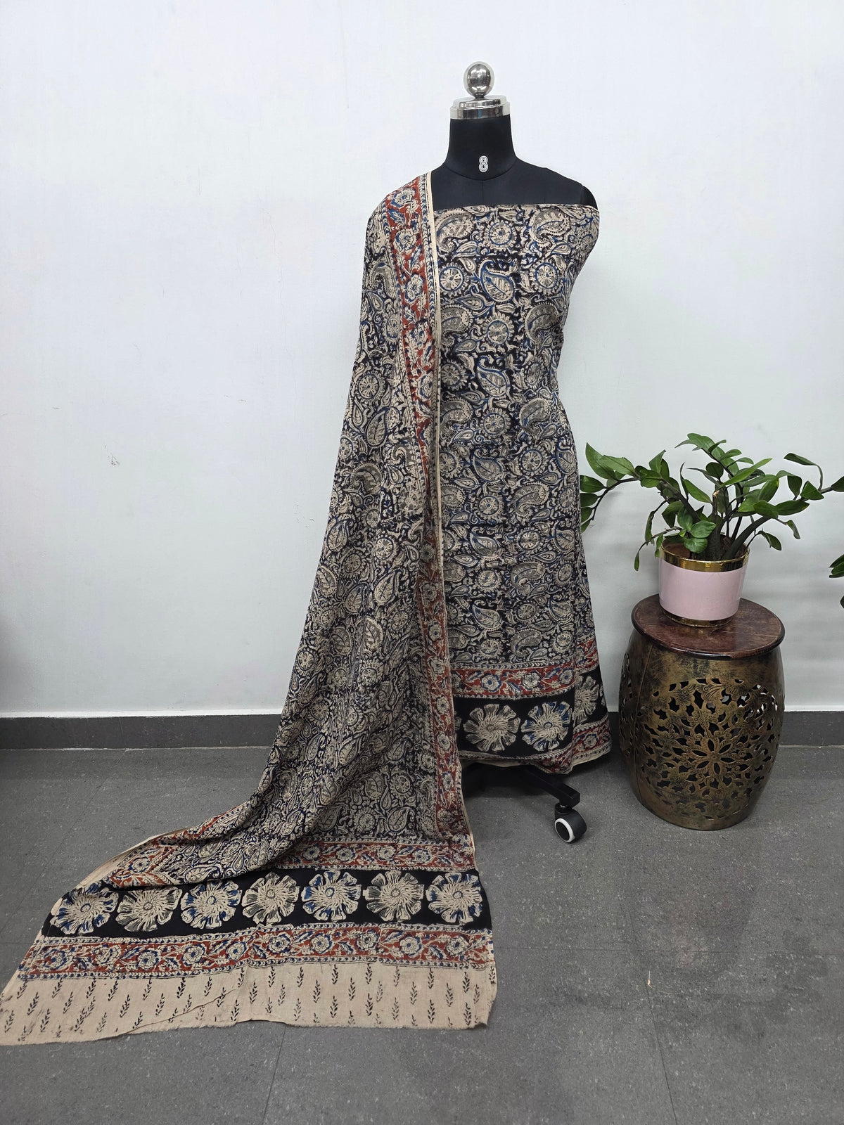 Handblock pure kalamkari cotton with border (2 pc set) - AK503
