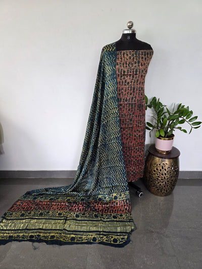 Handblock pomogranate peel jaipuri satin modal silk set with lagdi patta pallu - HZ14