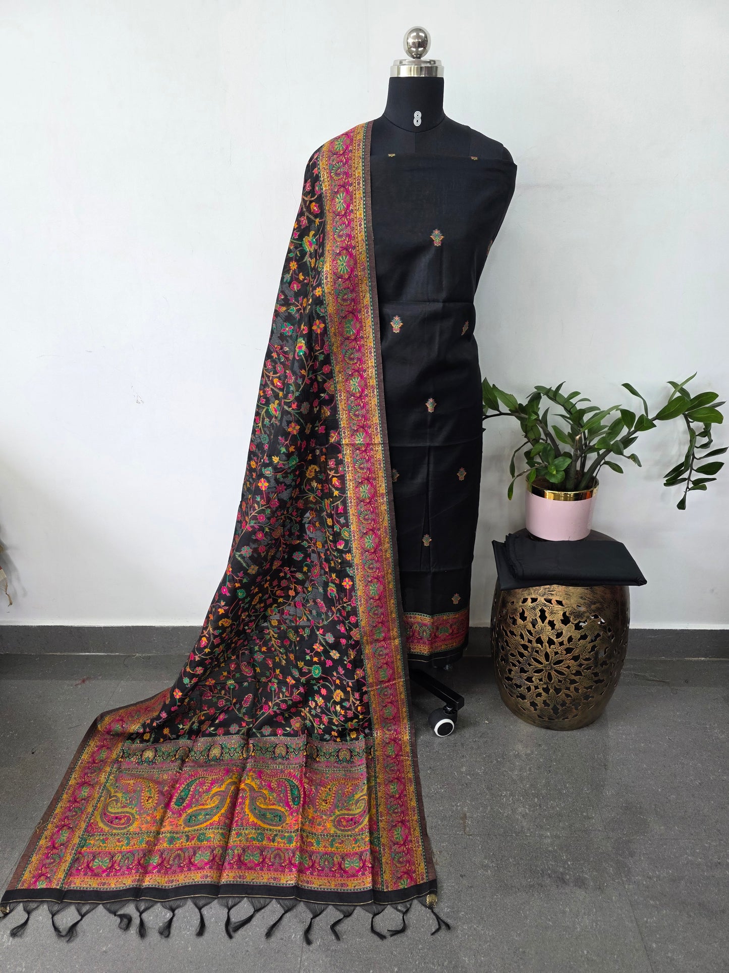 Premium silk cotton jamdhani set(black)-AV352
