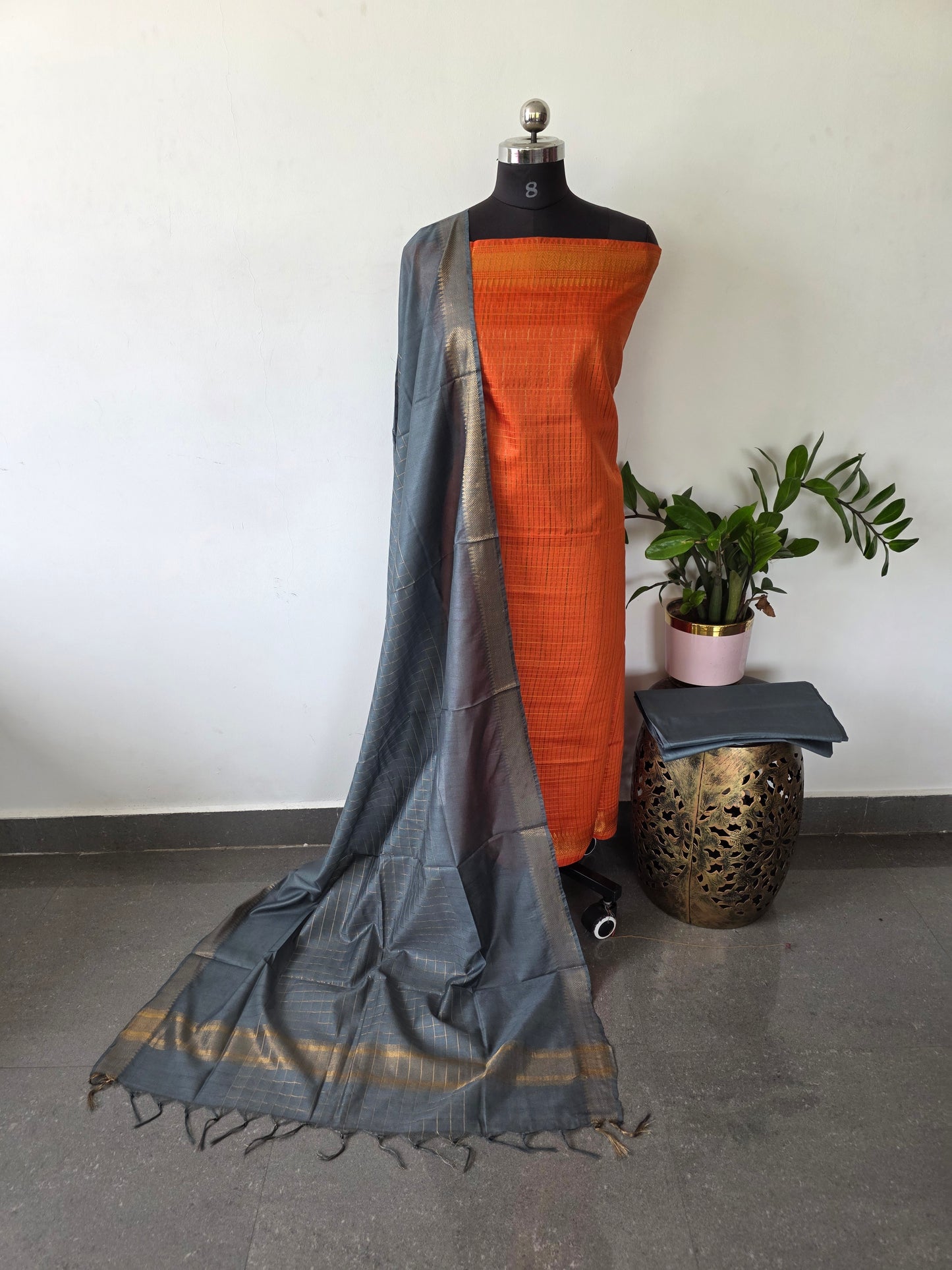 Checked Bhagalpuri fusion mangalagiri silk set - BA333