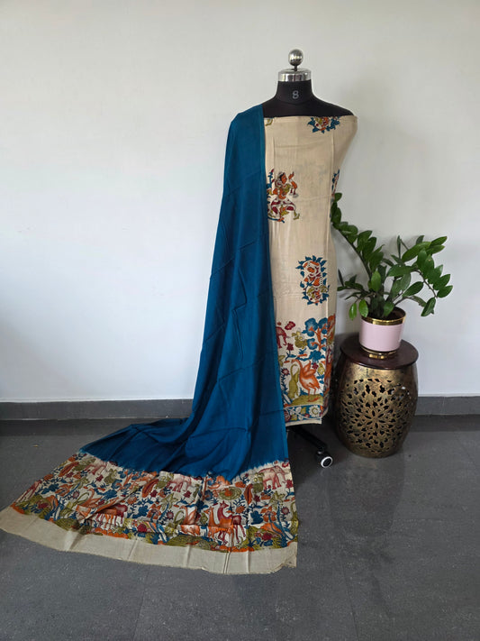 Penkalamkari- inspired Chennuri pure kalamkari silk set - AK140