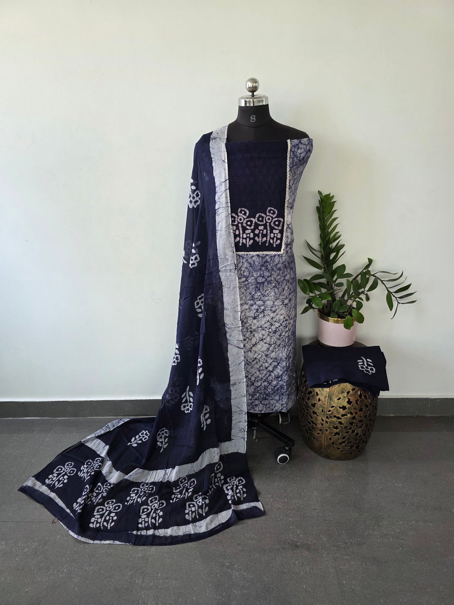 Batik cotton with hakoba neck work (blue)- BA113
