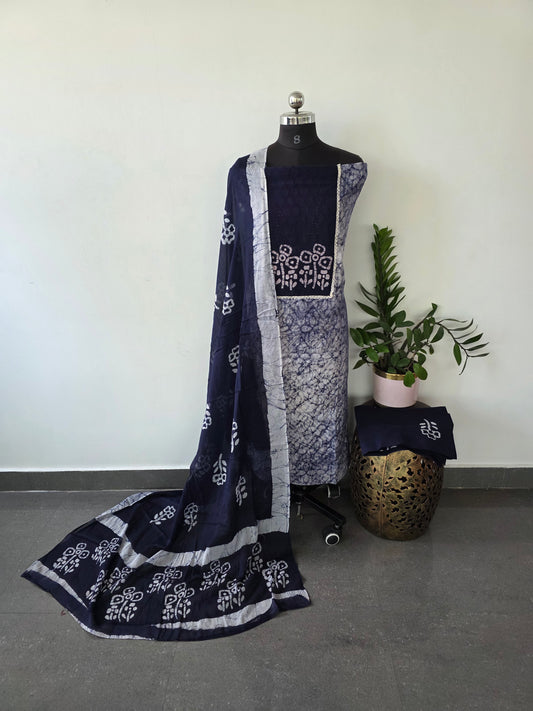 Batik cotton with hakoba neck work (blue)- BA113