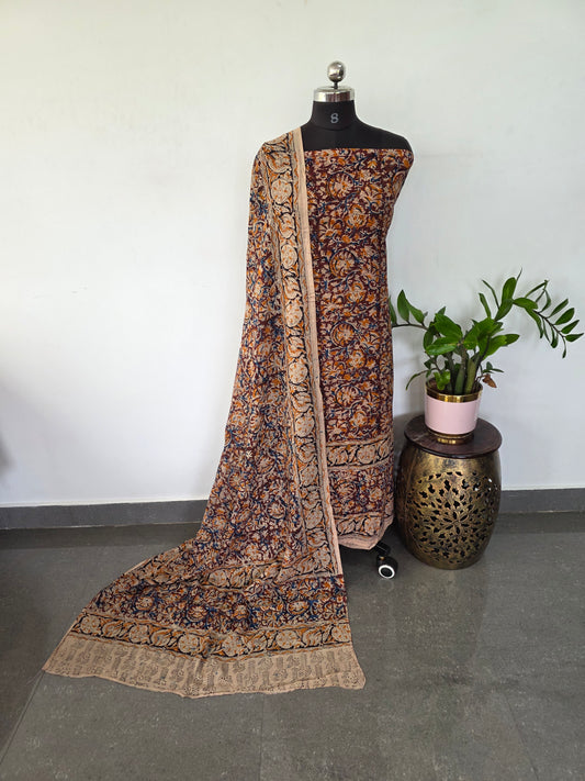Handblock pure kalamkari cotton with border ( 2 pc set )- AK177