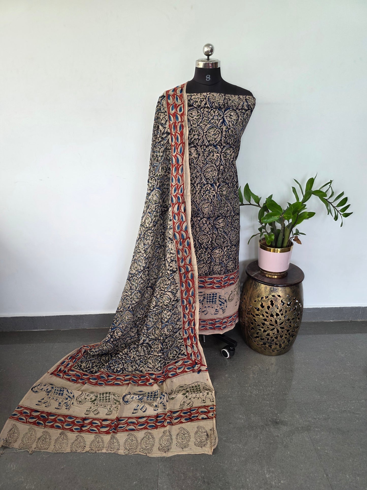 Handblock pure kalamkari cotton with border ( 2 pc set )- AK175