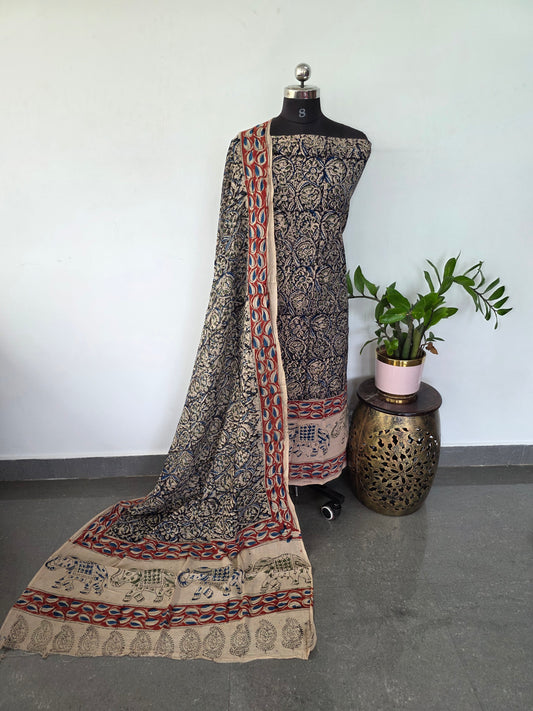 Handblock pure kalamkari cotton with border ( 2 pc set )- AK175