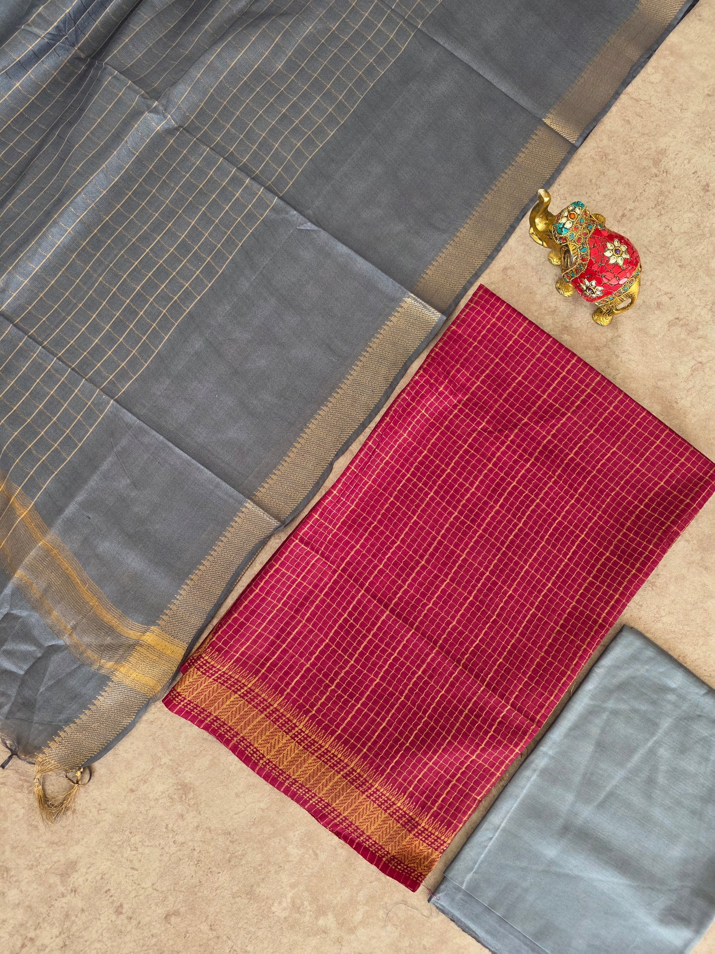 Checked Bhagalpuri fusion mangalagiri silk set - BA522