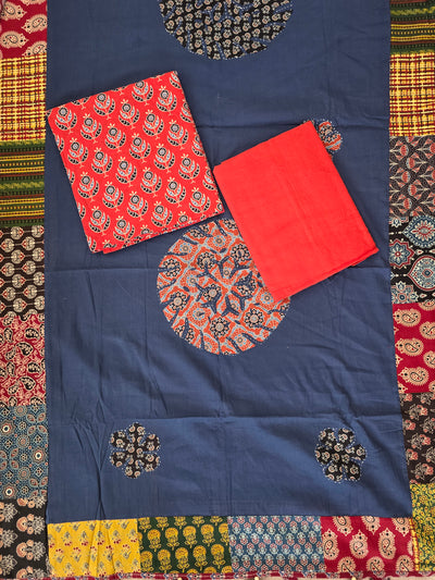 Handcrafted ajrakh cotton top with applique cotton shawl - BAA42