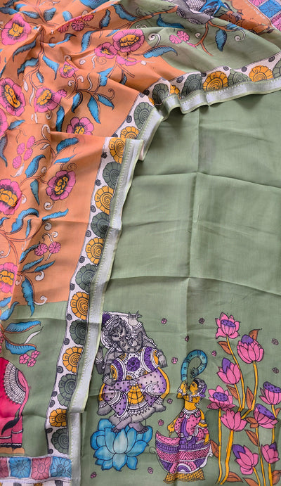 Handcrafted Kalahasthi Penkalamkari bangalore silk set - KH17