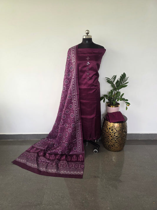 Fancy silk set with ajrakh silk shawl- FSA3