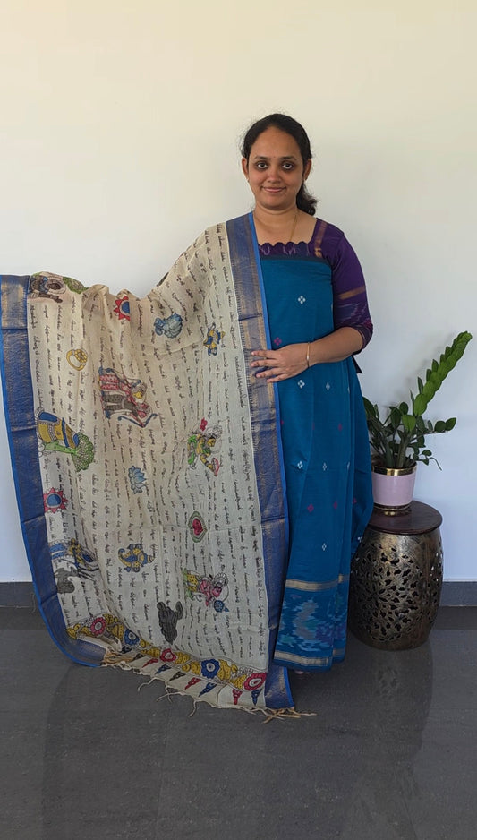 Pochampally Sico top with ramayana script penkalamkari silk shawl- SP14