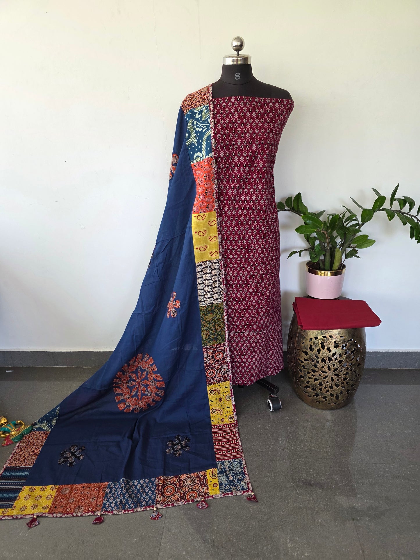 Handcrafted ajrakh cotton top with applique cotton shawl - BAA38