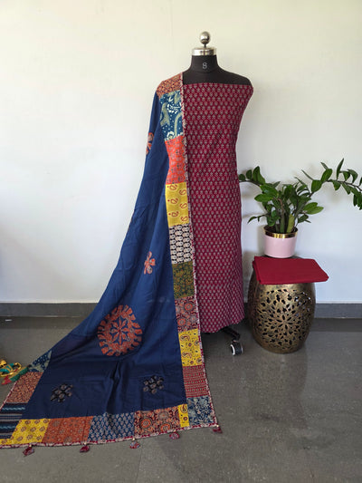 Handcrafted ajrakh cotton top with applique cotton shawl - BAA38