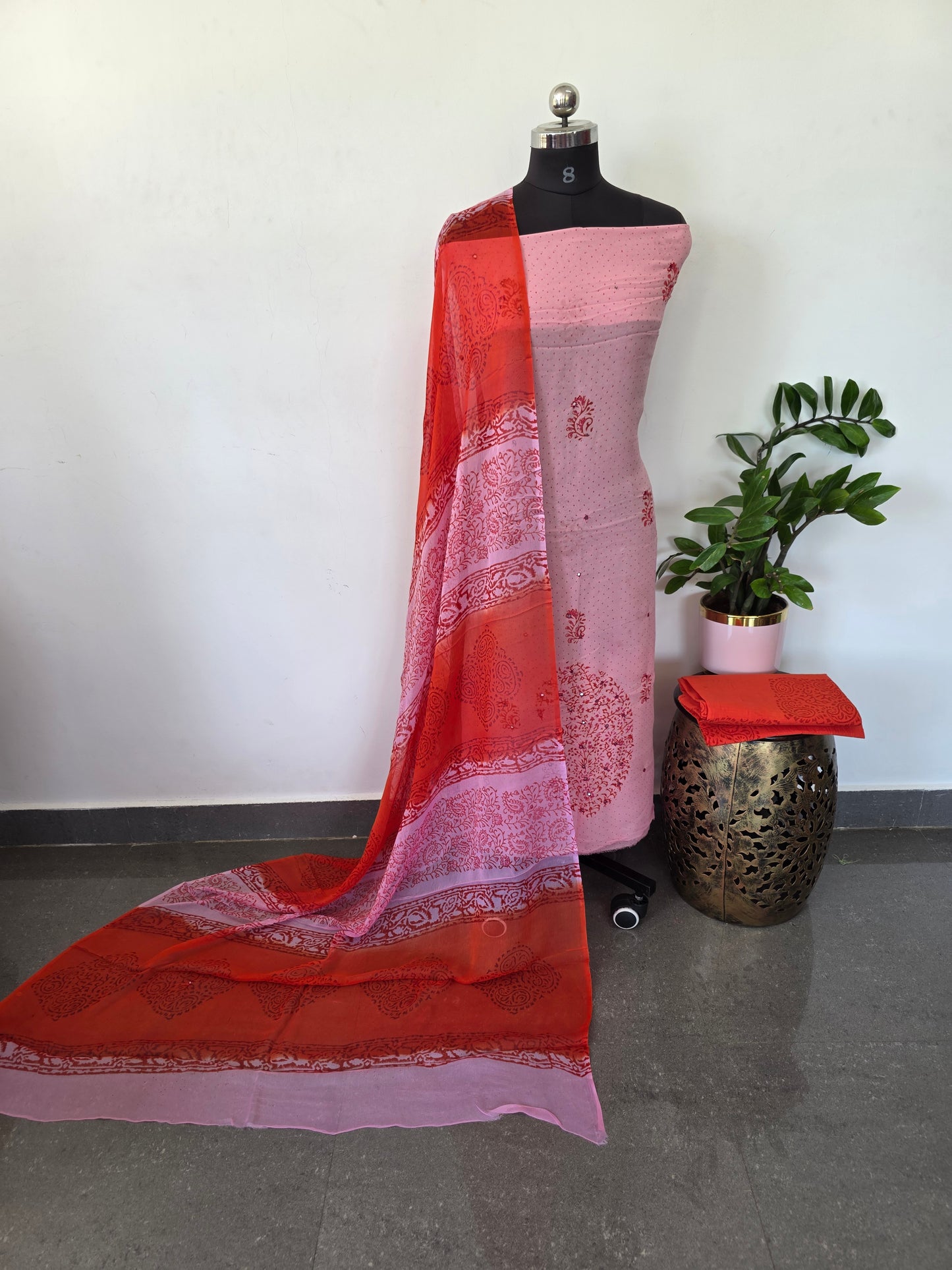 Handblock georgette salwar set with handwork mirror work- GE147