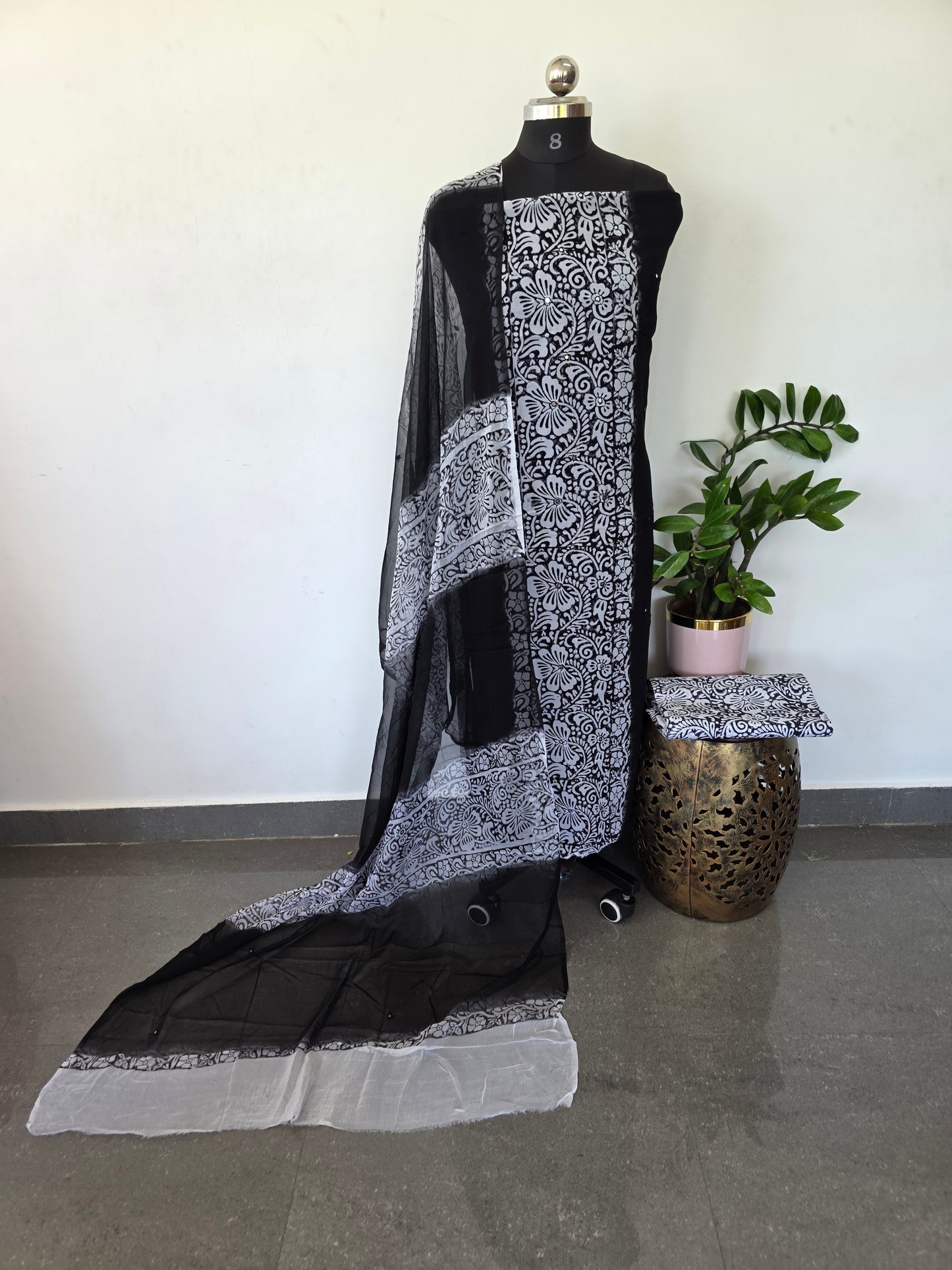 Handblock georgette salwar set with handwork mirror work- GE146