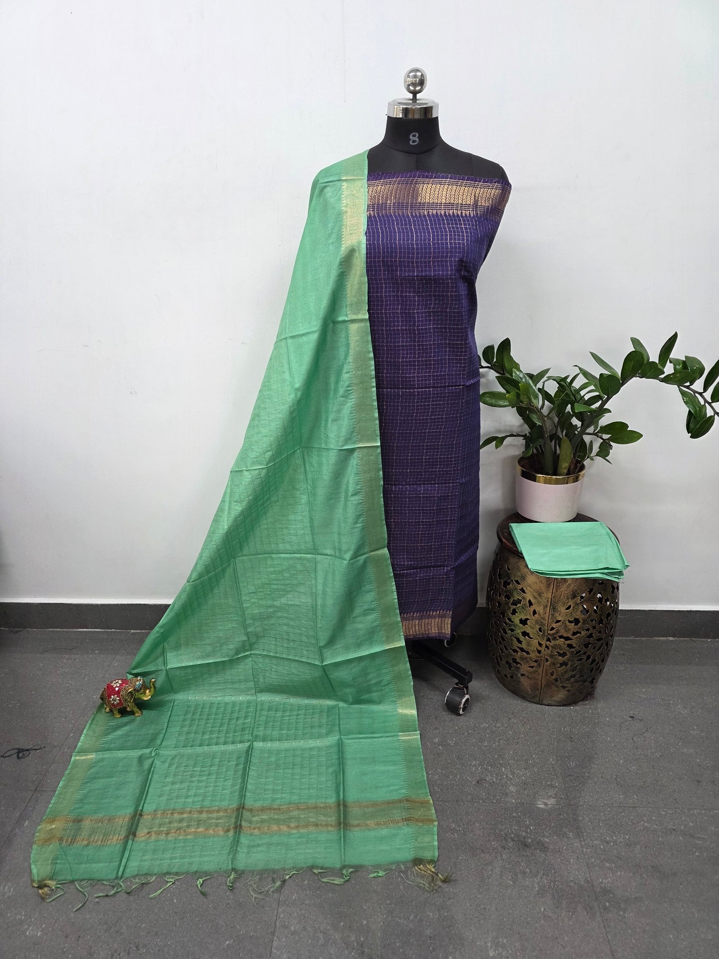 Checked Bhagalpuri fusion mangalagiri silk set - BA520