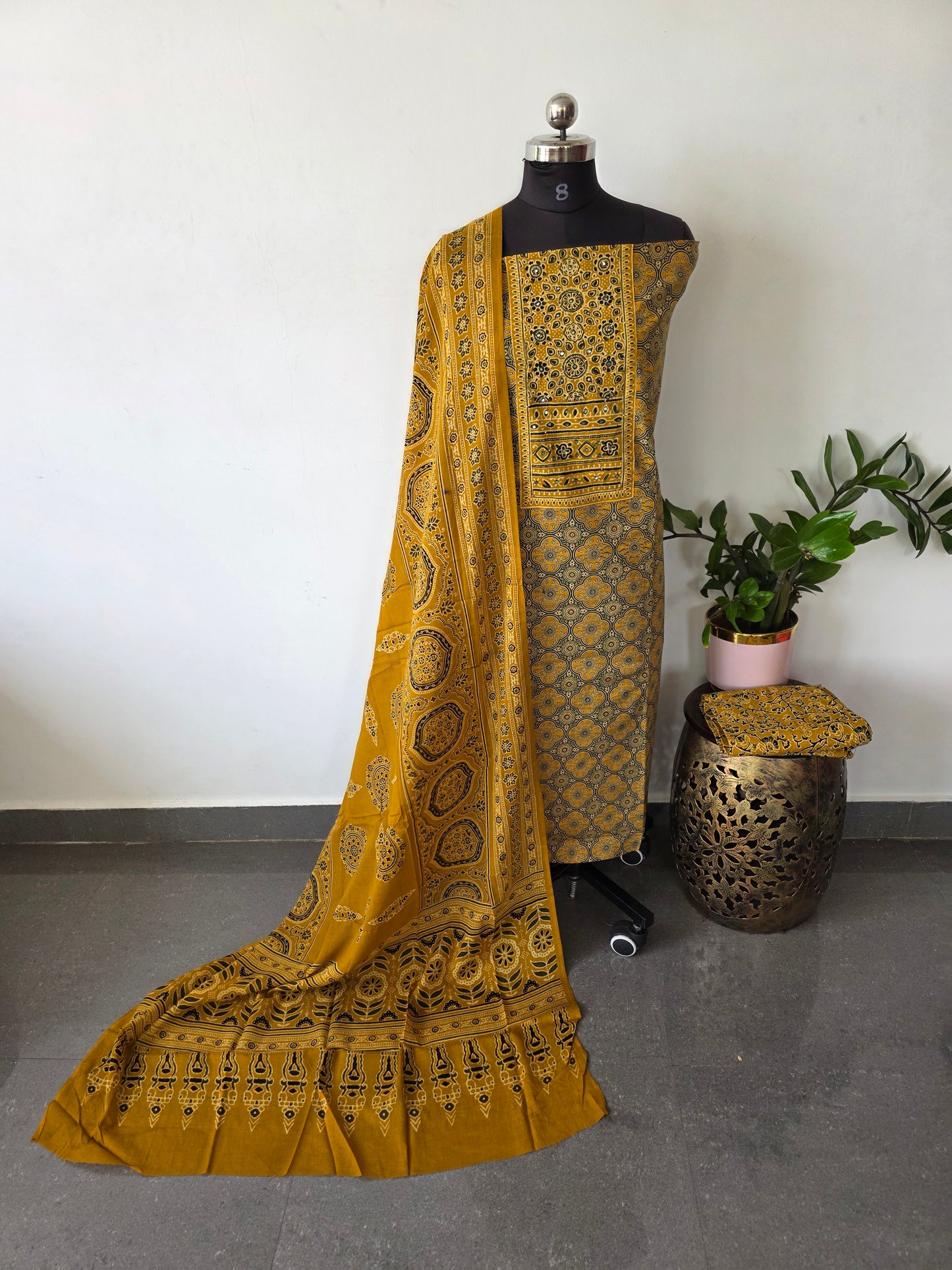 Premium Pure ajrakh cotton with gamthi neck work salwar - AS30