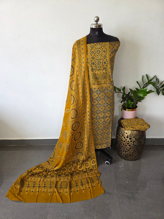 Premium Pure ajrakh cotton with gamthi neck work salwar - AS30