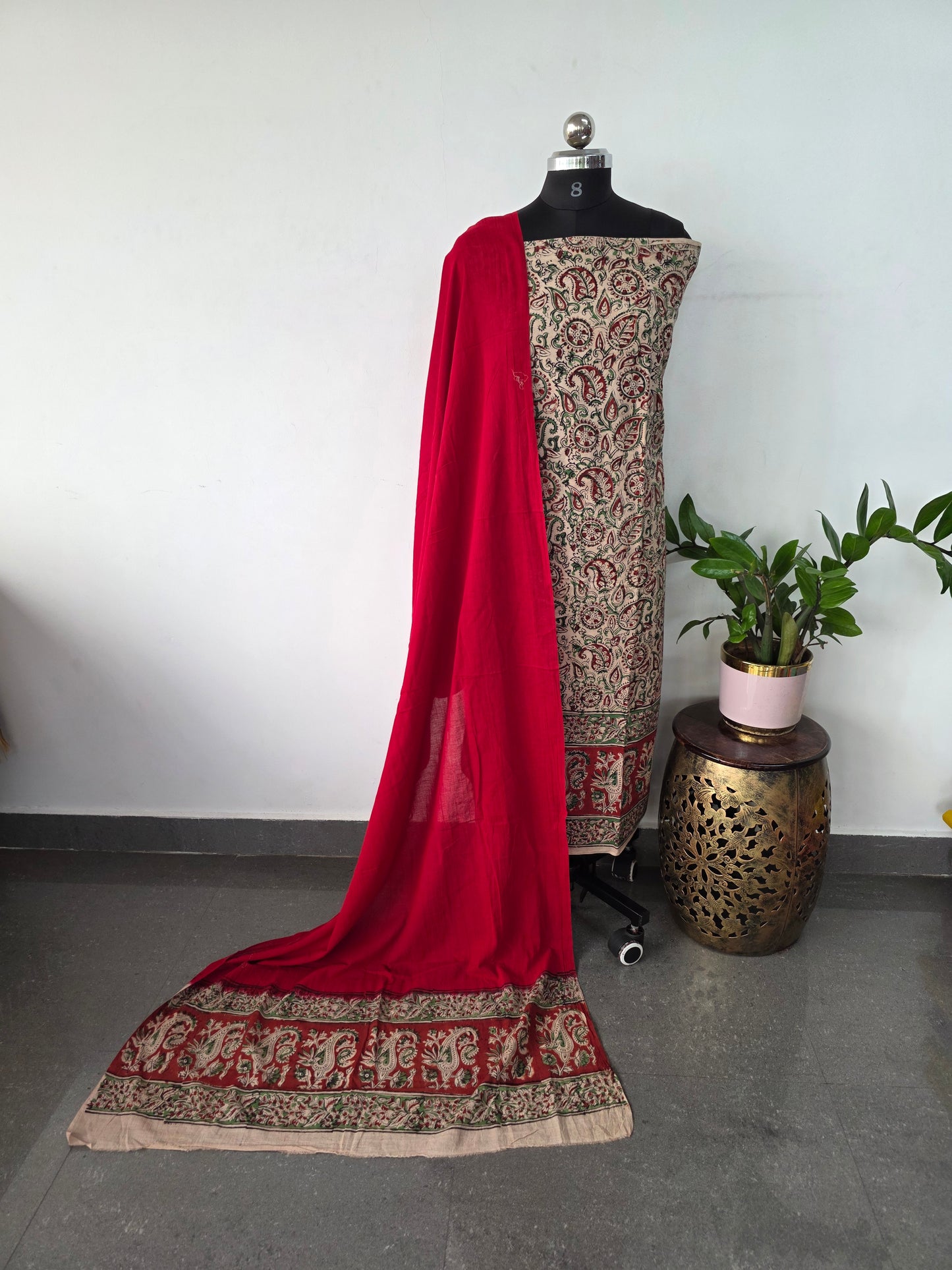 Handblock pure kalamkari cotton with border ( 2 pc set )- AK290