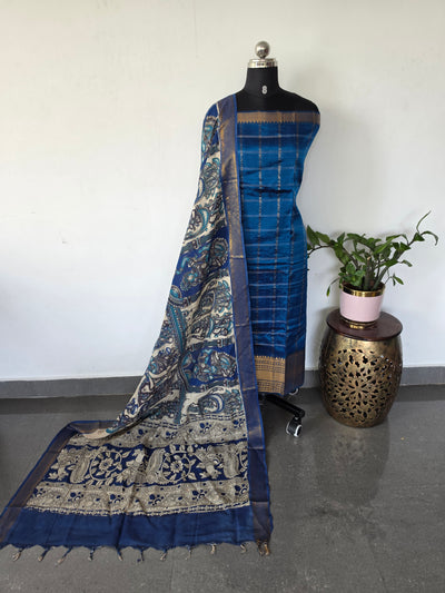Handloom checked mangalagiri pattu top with chennuri kalamkari duppatta -AK607